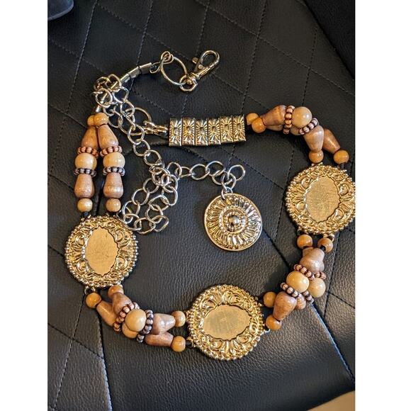 Vintage Wood Bead Metal Disk Chain Belt 27-42" - Picture 2 of 6